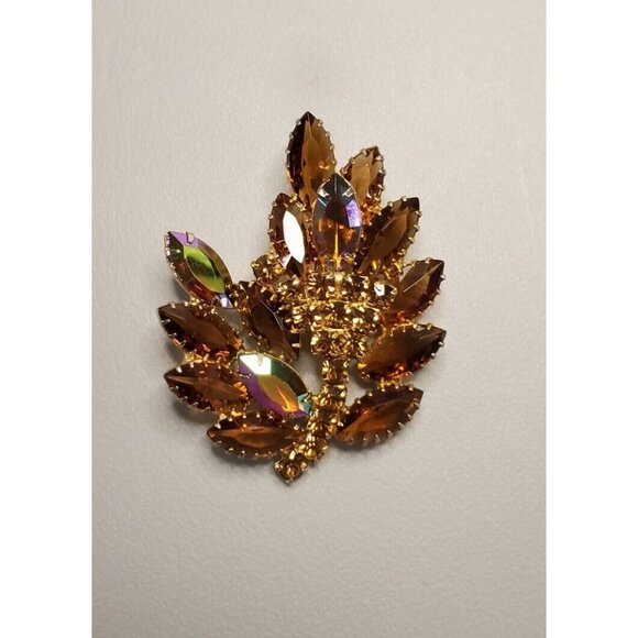 Vintage Brooch Smokey Topaz Amber AB Aurora Borealis Brooch Pin 2.25 Inches - Picture 2 of 10